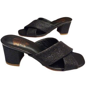 Charlotte Stone Glitter Crossover Strap Slide Sandals, Size 6, Black w/ Glitter